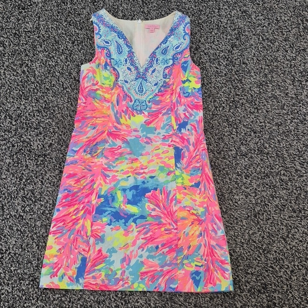 Lilly Pulitzer Fallon Shift‎ Dress 4 Palm Beach Coral Engineer 100% Cotton